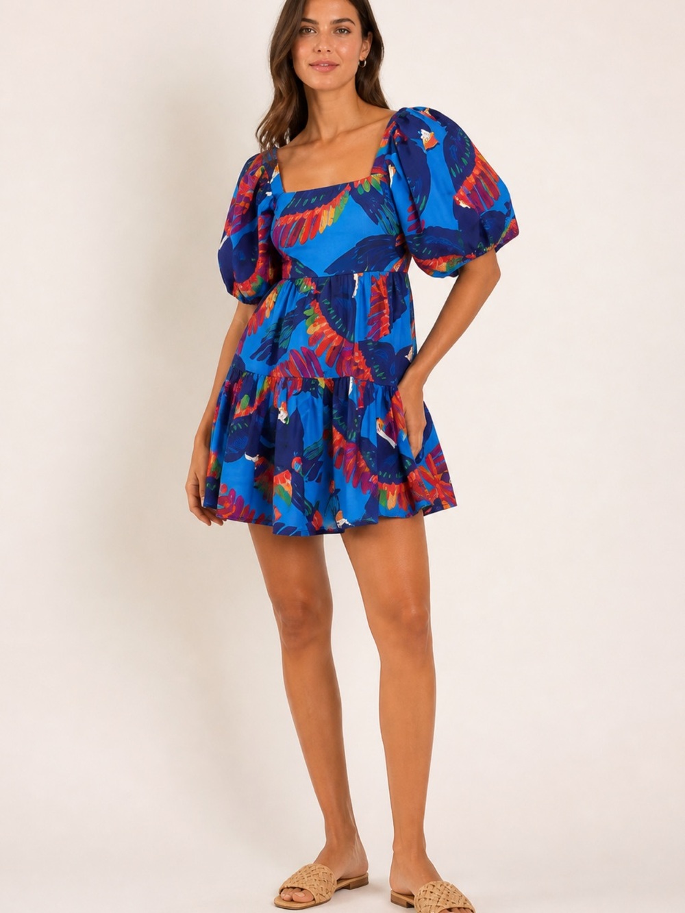 Farm Rio Rainbow Macaw Puff Sleeve Mini Dress – Multicolor Tropical Print L